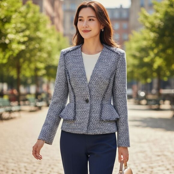 NWT Banana Republic Blue & White Tweed Fringe Trim Blazer - Picture 1 of 14